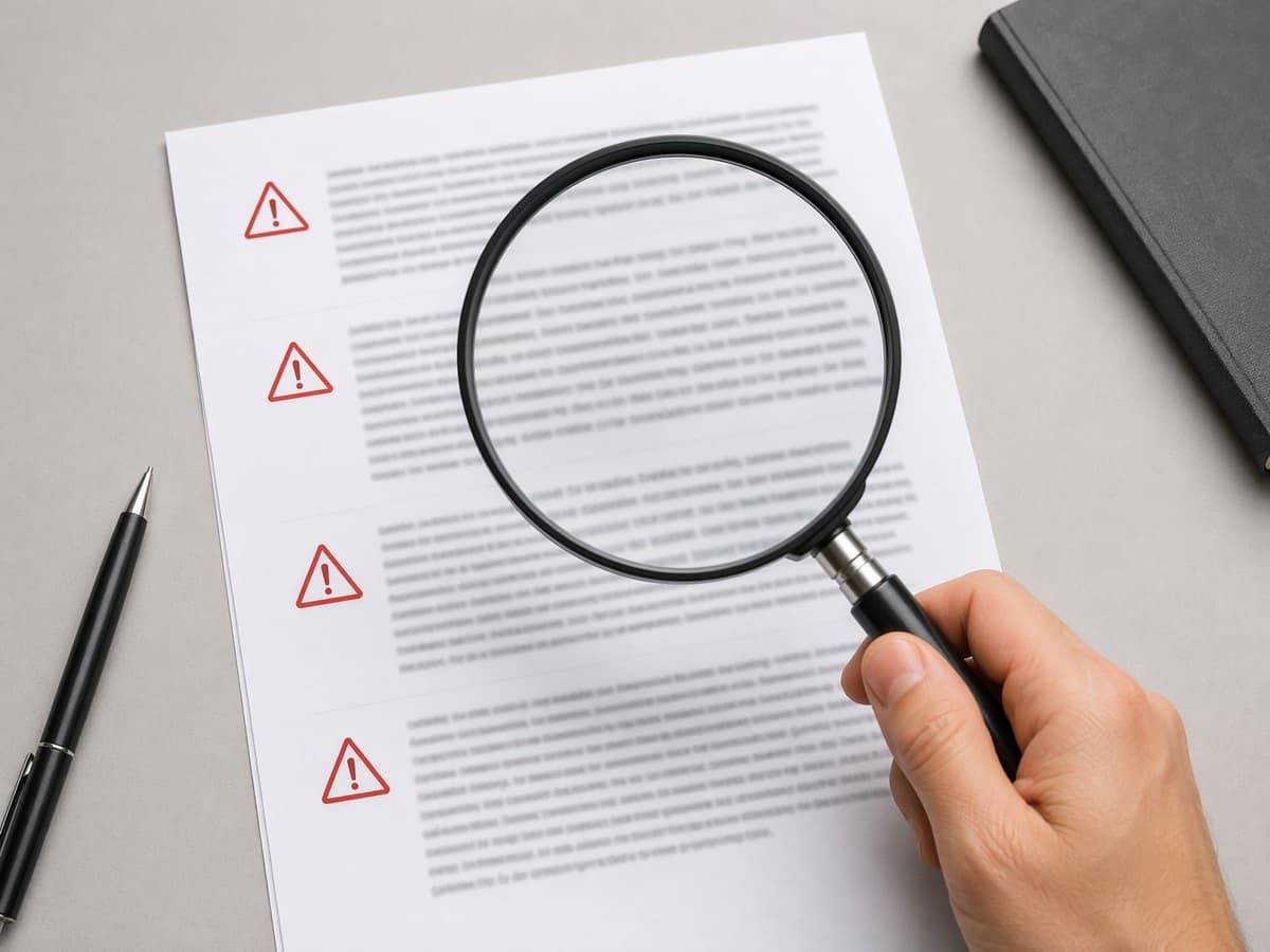 A magnifying glass held over a document marked with red warning triangle icons.