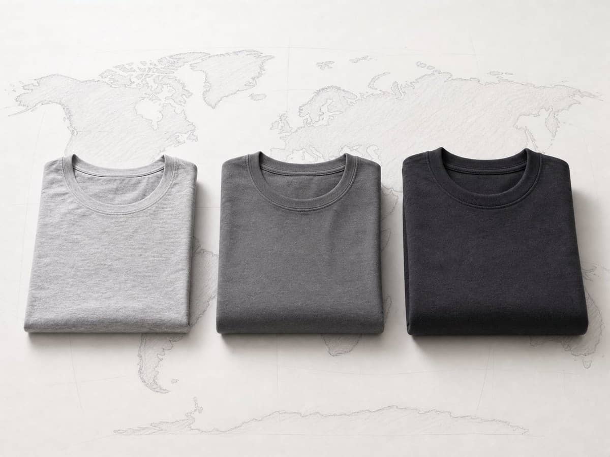 Three folded T-shirts in different fabric weights arranged for comparison over a faint world map sketch.
