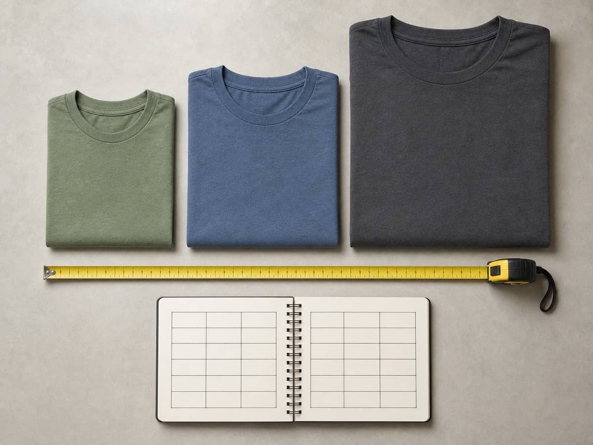 A tape measure beside three folded T-shirts in different sizes and a notebook with a blank grid chart.