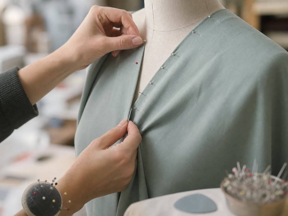 Hands pinning and fitting fabric on a dress form mannequin.