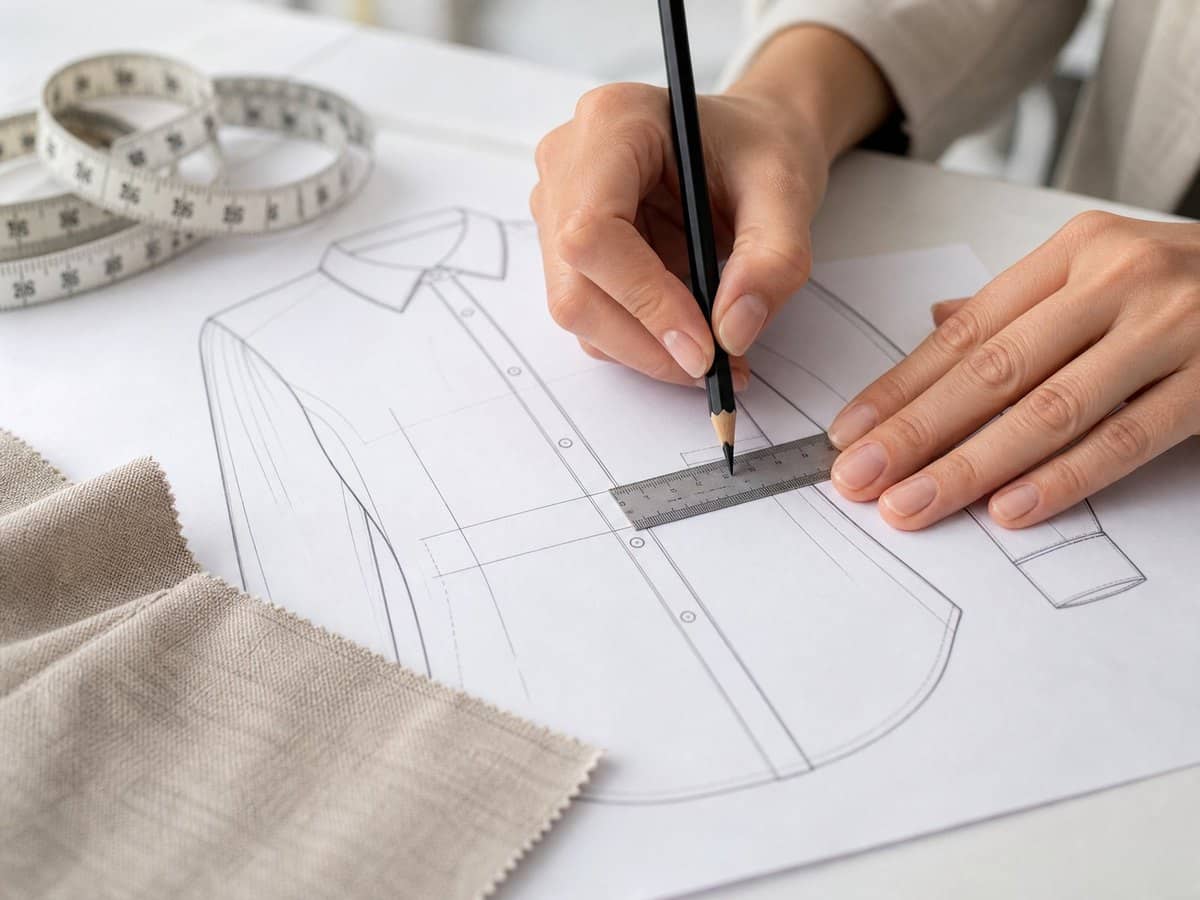 Hands using a ruler and pencil to draw measurement lines on a garment flat-sketch.