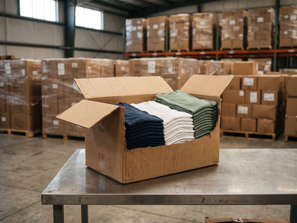 An opened export carton of folded navy, white and sage cotton t-shirts on a steel inspection table in an import warehouse.