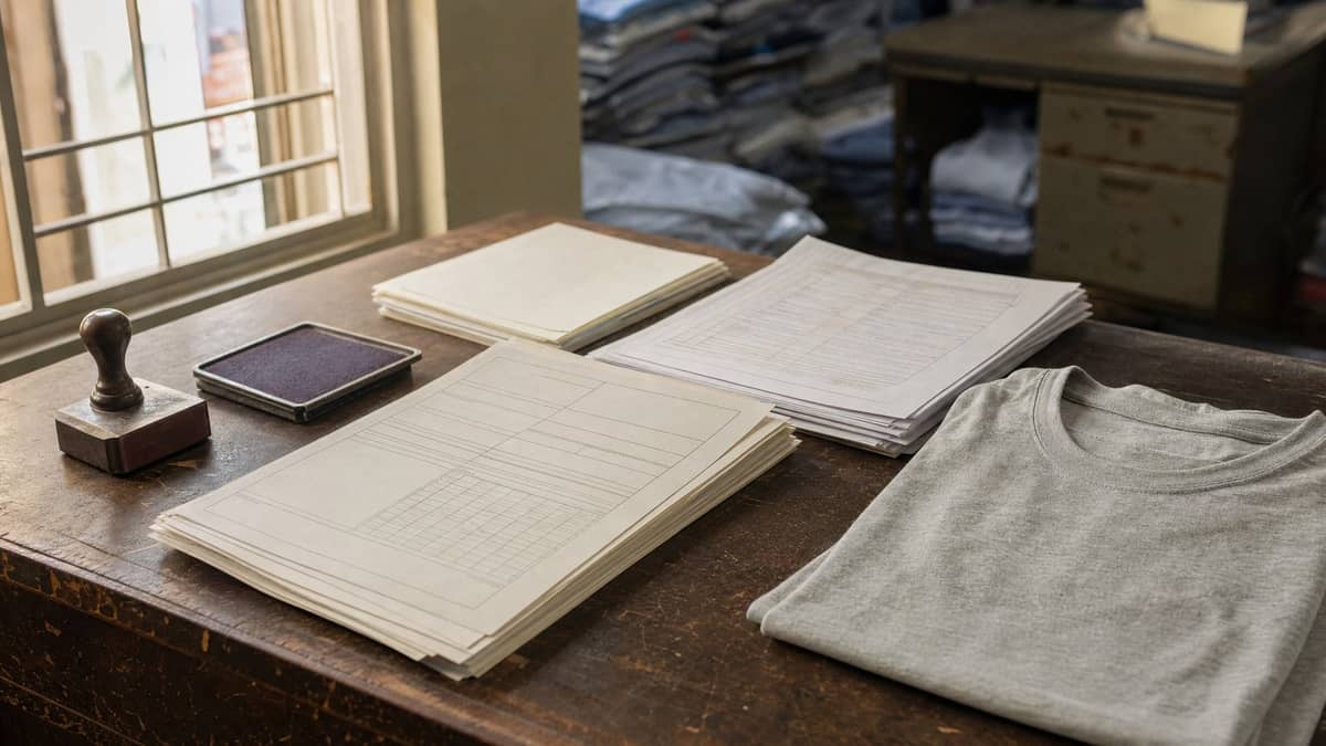 Export paperwork, a certificate of origin and a rubber stamp on a desk in a Bangladeshi garment factory office, beside a folded grey t-shirt.