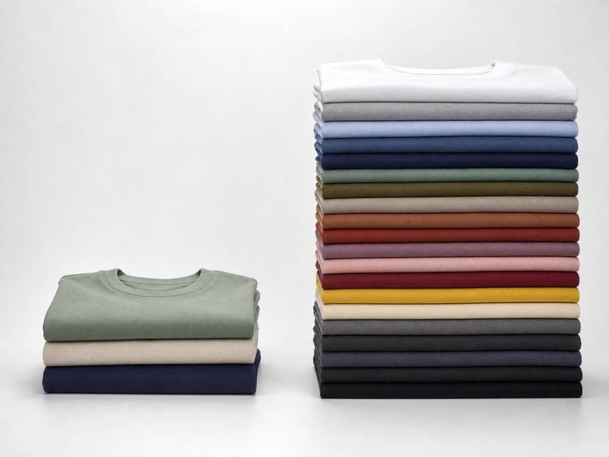 A small stack of folded T-shirts beside a much larger stack, showing the volume contrast between low and high MOQ.