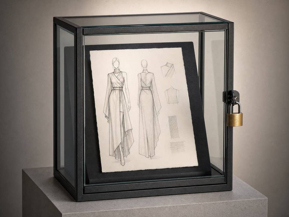 A garment design sketch locked inside a glass display case with a padlock.