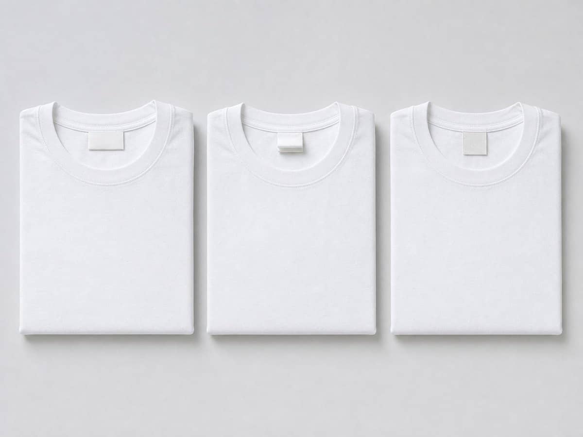 Three identical folded white T-shirts, each with a different style of neck label, for comparison.