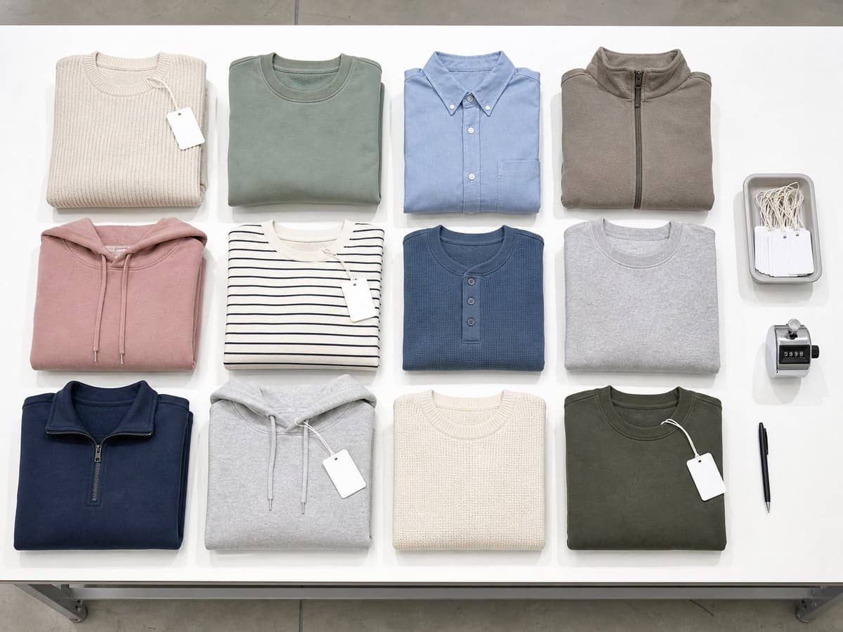 A grid of folded garments on an inspection table, some marked with sampling tags, beside a tally counter.