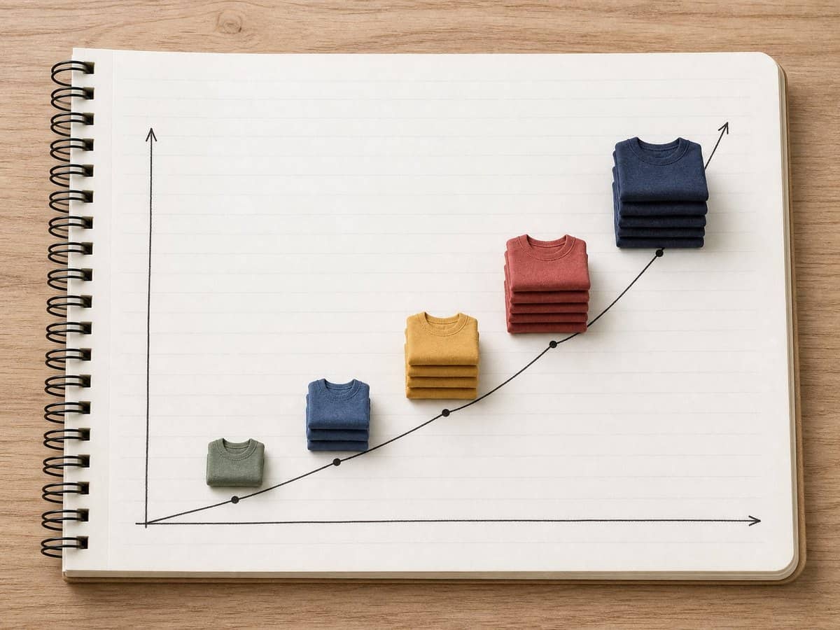 A notebook page with a hand-drawn upward trend line, with folded T-shirt stacks of increasing size marking each point.