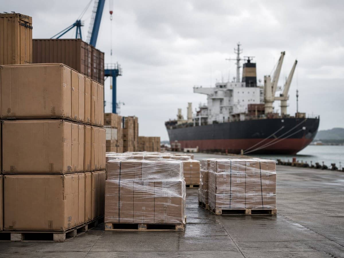 Stacked cargo boxes on a shipping dock with a cargo ship docked in the background.