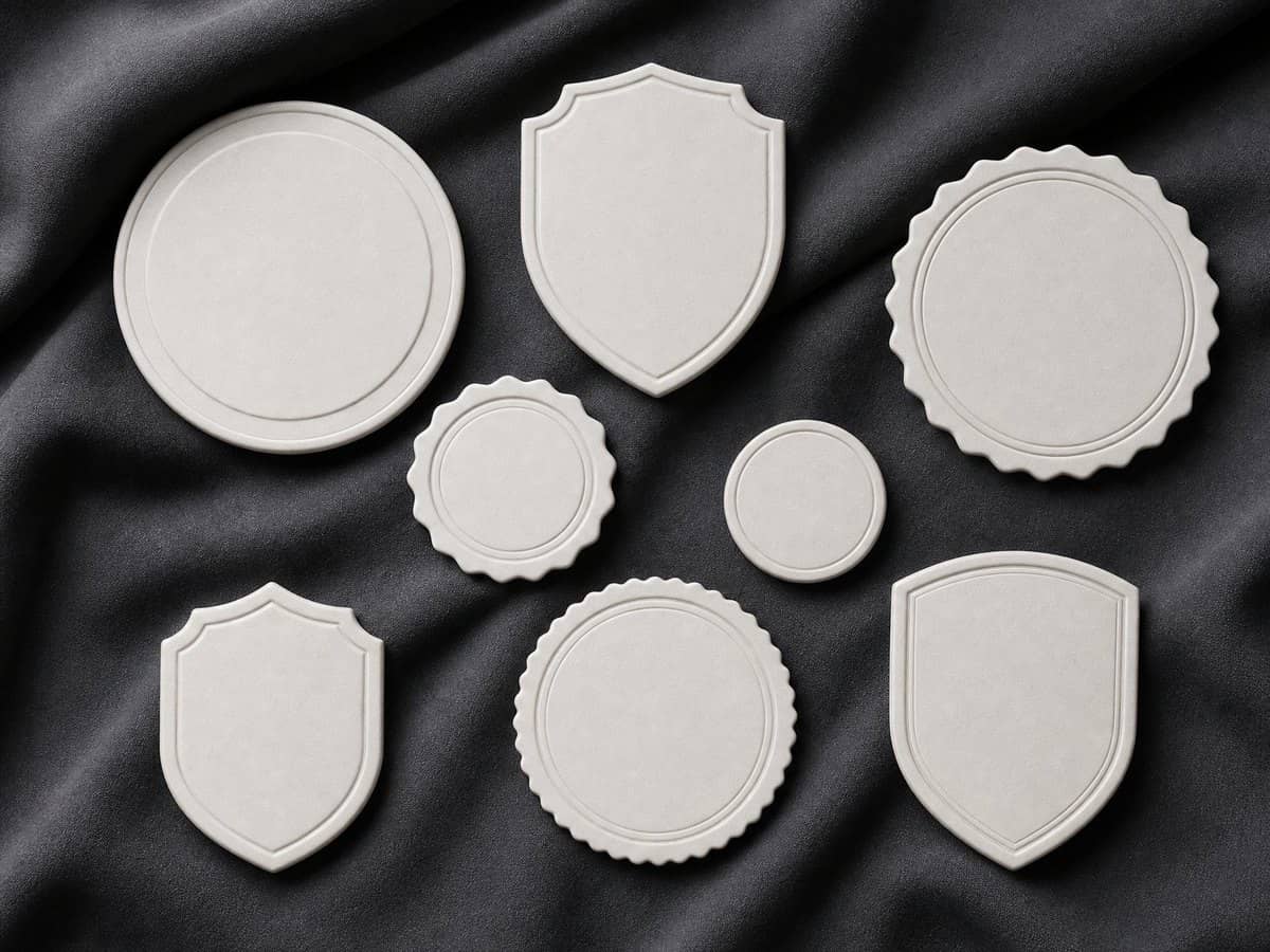 Several blank certification badge tags of different shapes arranged on folded charcoal fabric.