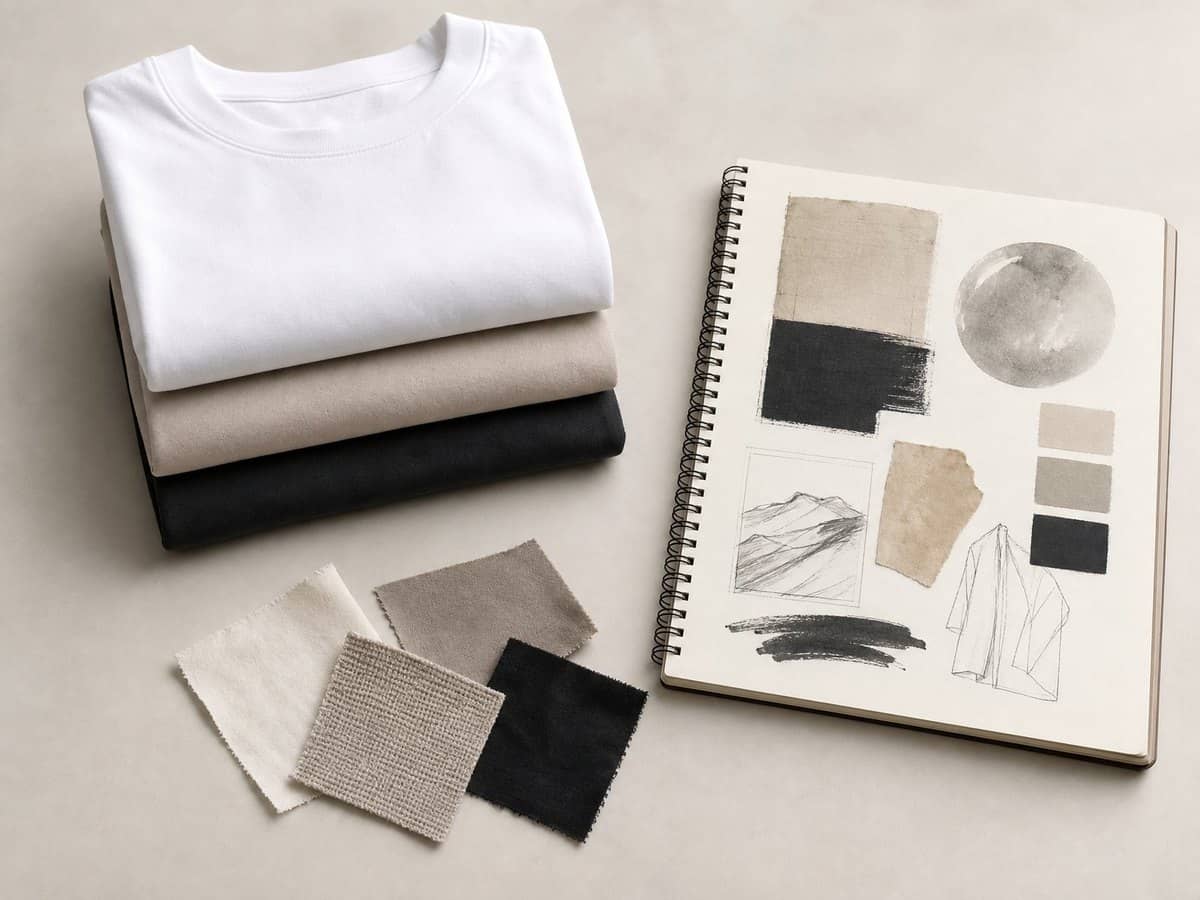 Three folded blank T-shirts beside a notebook with a brand sketch and fabric swatches.