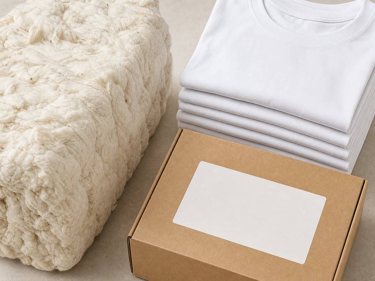 Raw baled cotton fiber beside folded T-shirts and a cardboard export shipping box.