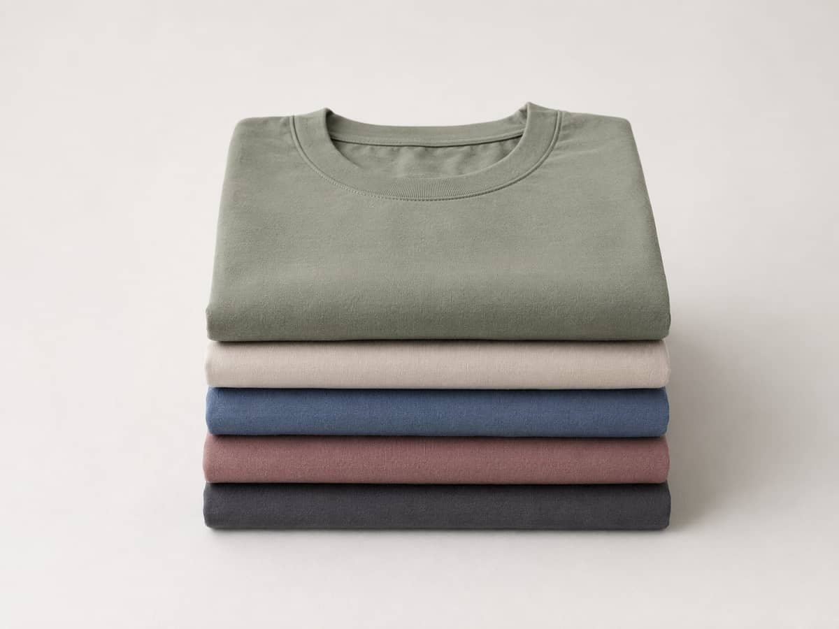 A small stack of five folded T-shirts, representing a low minimum order quantity run.