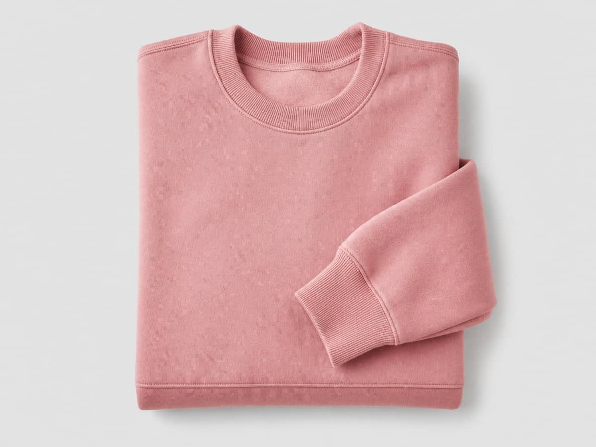 Dusty pink custom sweatshirt in French terry, flat-lay product photo.