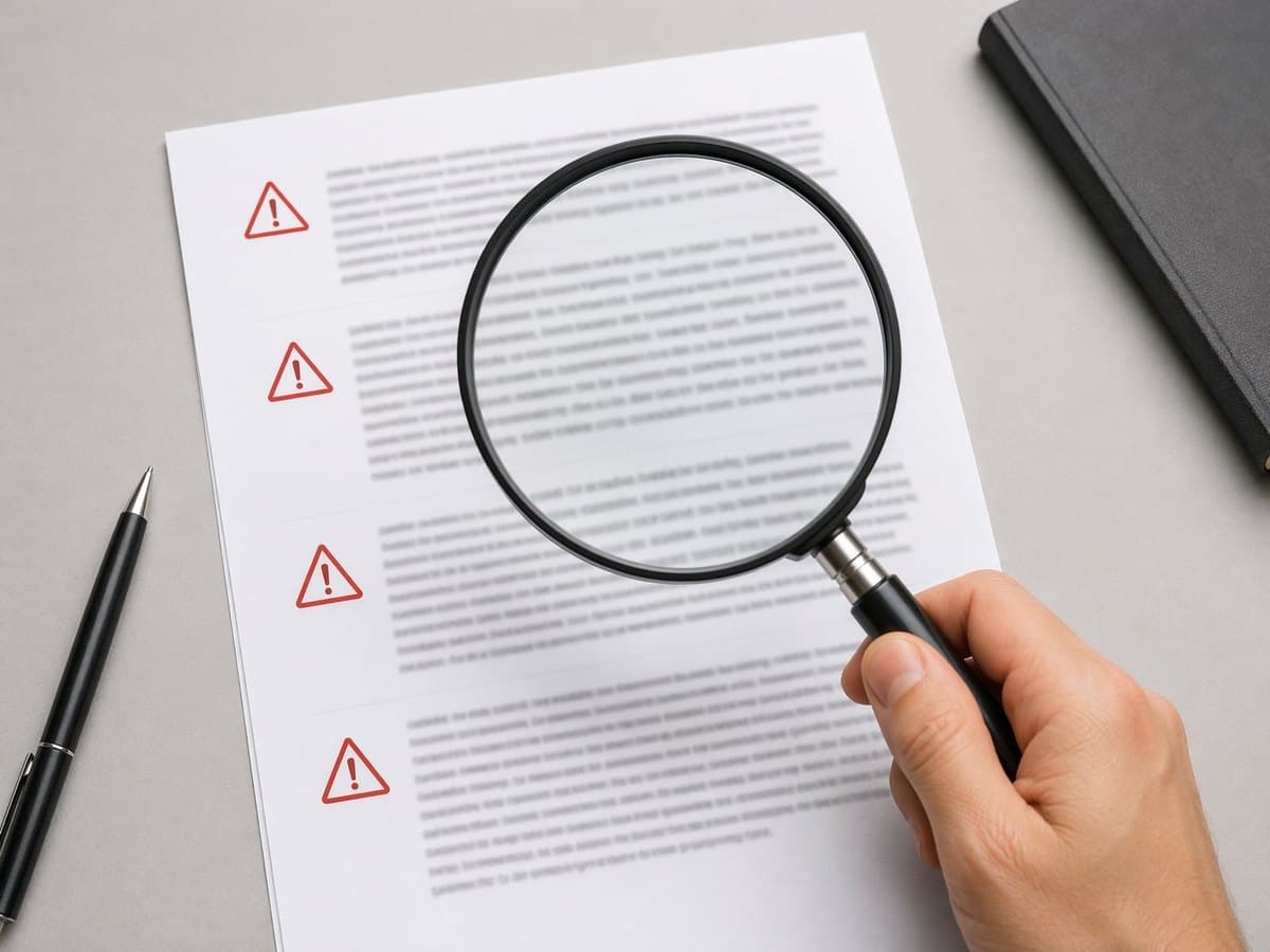 A magnifying glass held over a document marked with red warning triangle icons.