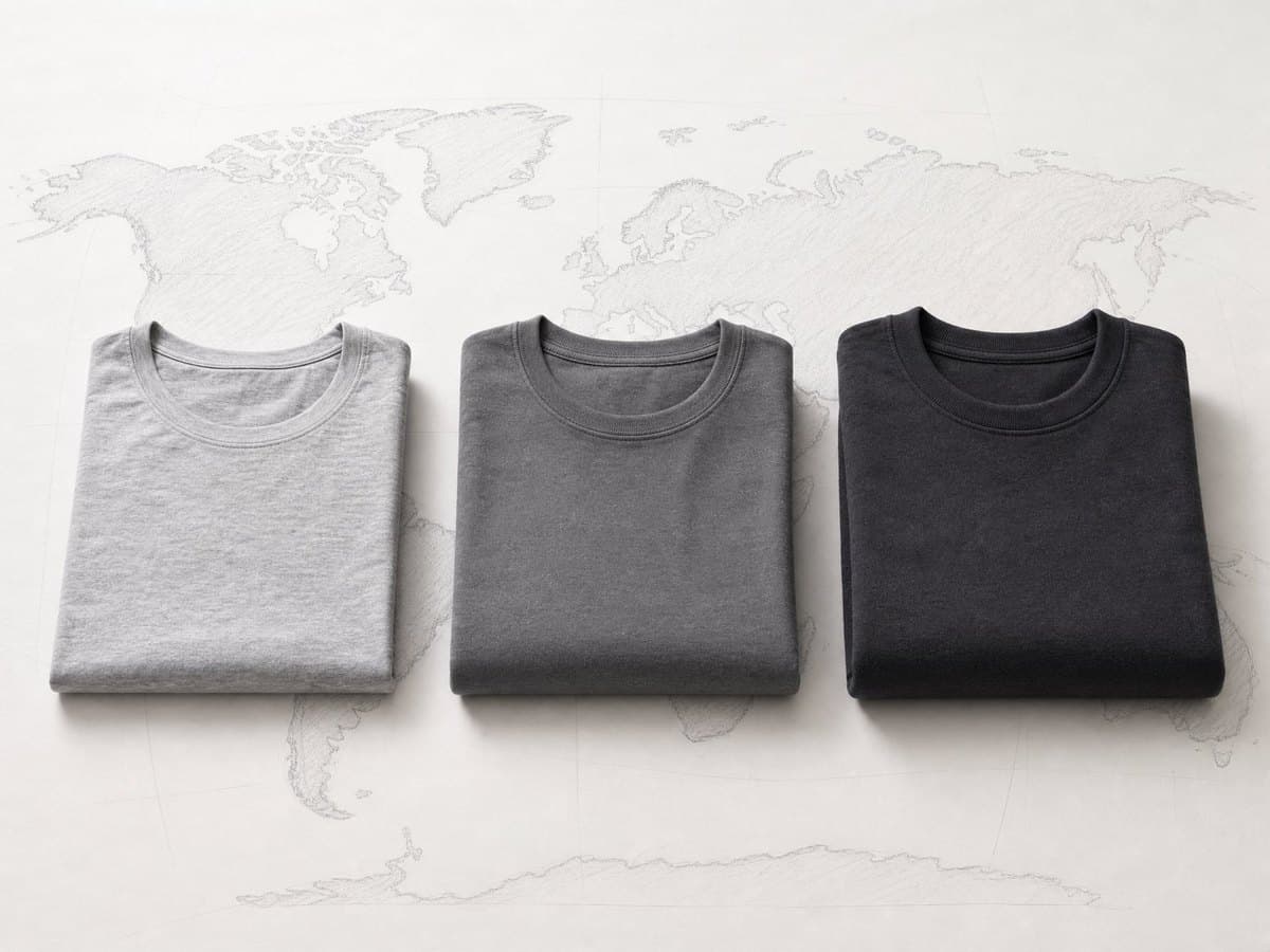 Three folded T-shirts in different fabric weights arranged for comparison over a faint world map sketch.