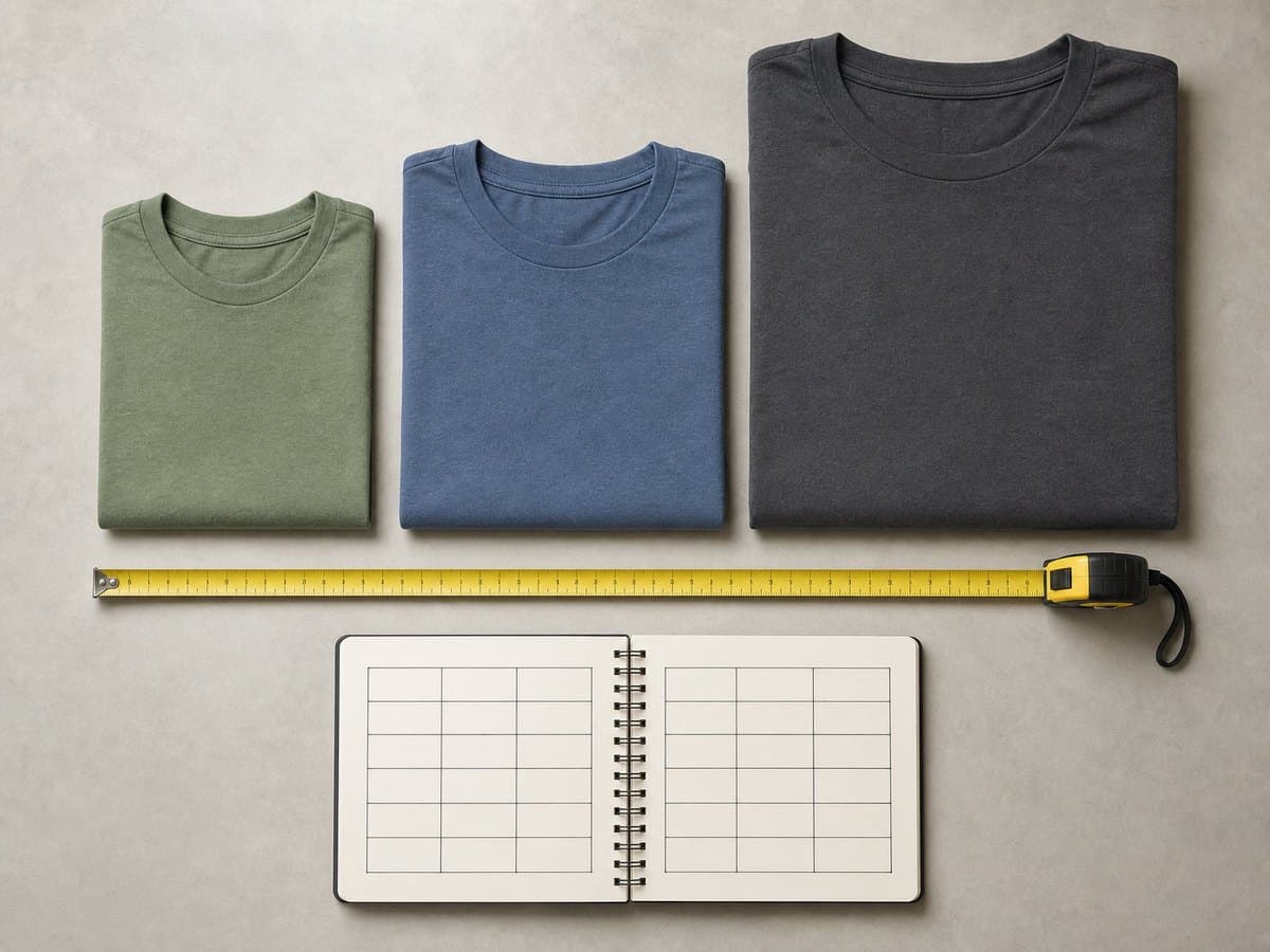 A tape measure beside three folded T-shirts in different sizes and a notebook with a blank grid chart.