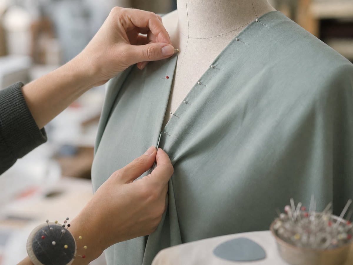 Hands pinning and fitting fabric on a dress form mannequin.