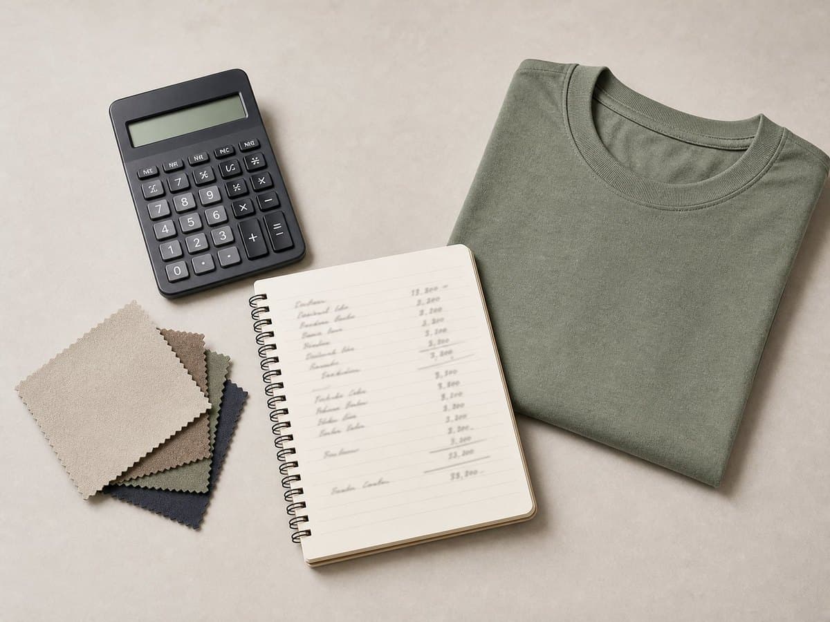 A calculator, folded T-shirt, and fabric swatches beside a notebook with a cost breakdown.