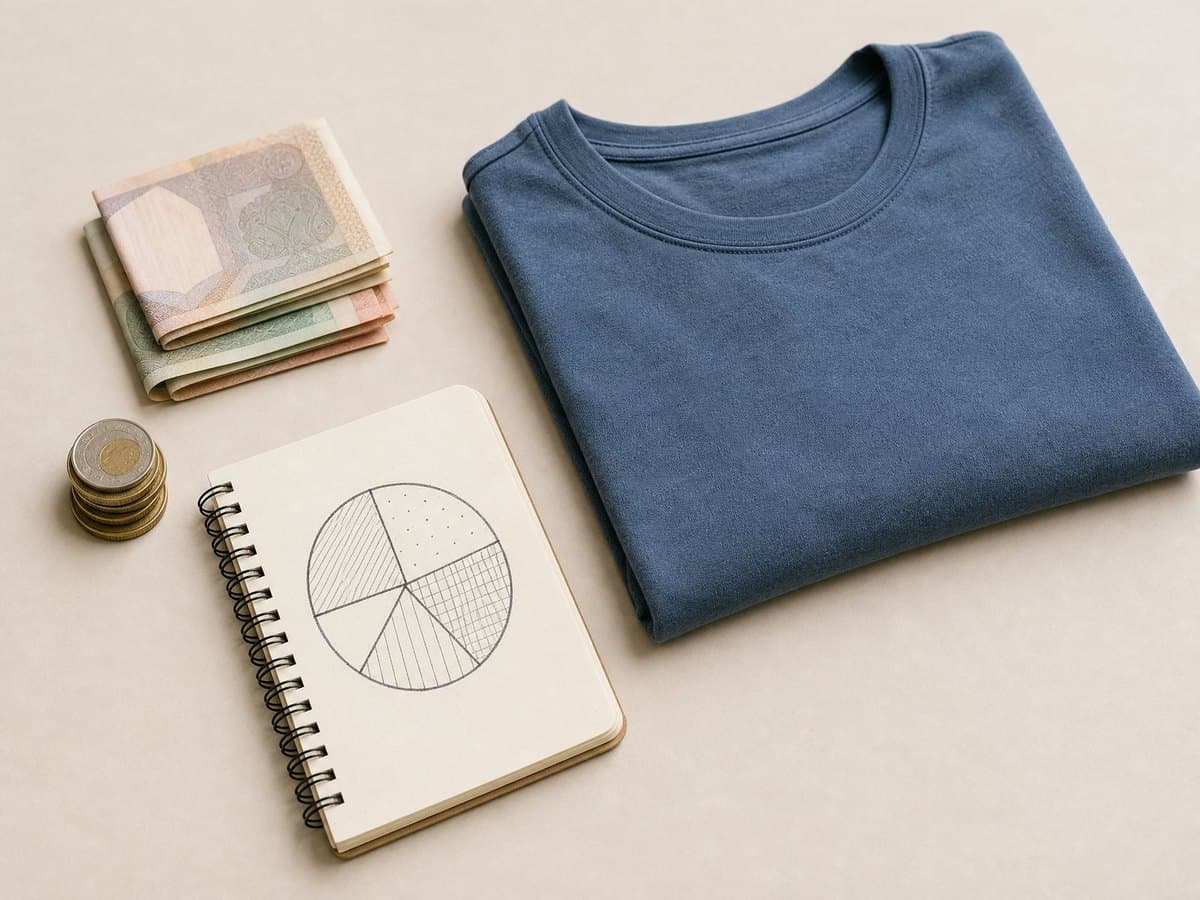Coins and banknotes beside a folded T-shirt and a notebook with a hand-drawn budget chart.