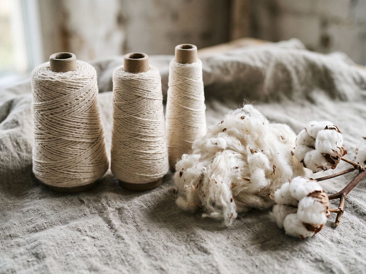 Three cones of ecru cotton yarn beside a tuft of raw cotton fibre and open cotton bolls on linen.