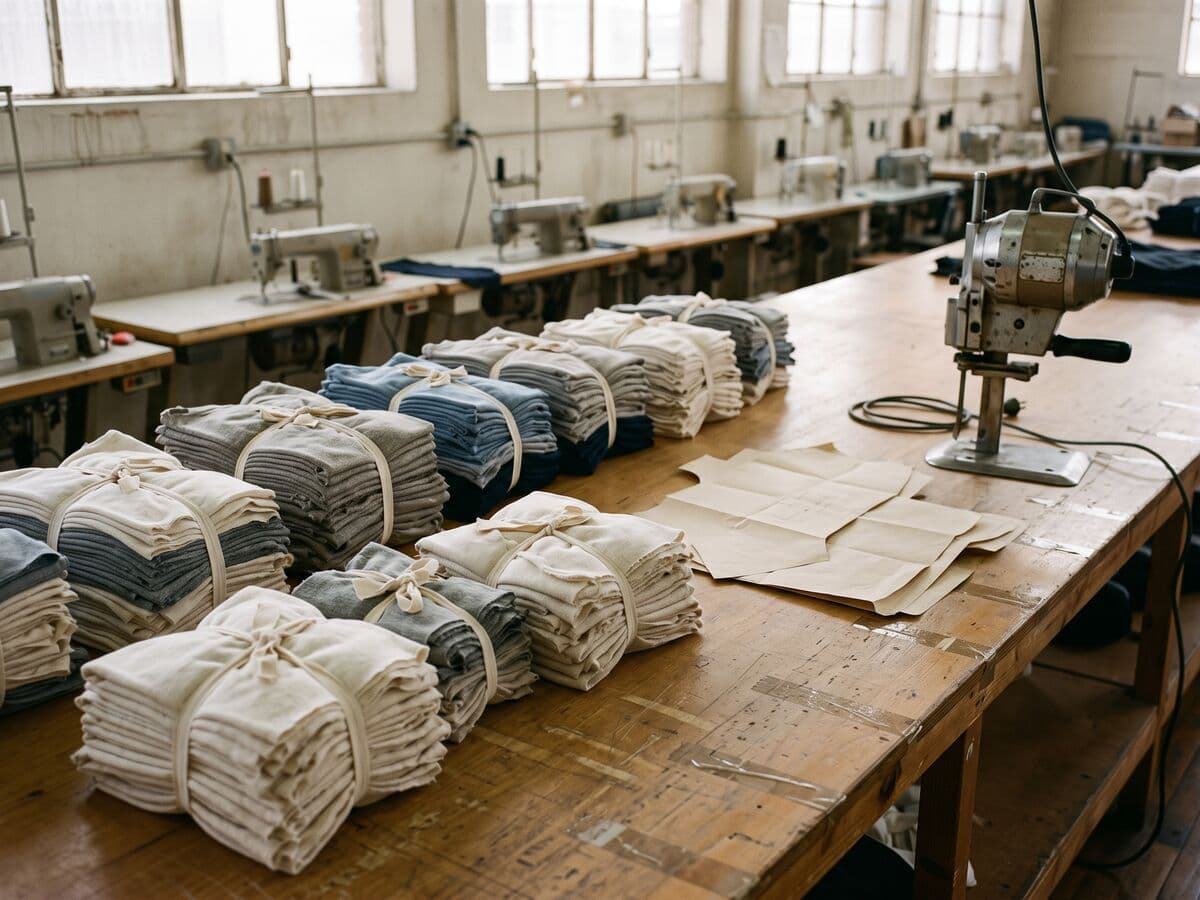 Bundles of cut jersey garment panels tied with fabric strips on a cutting table, with a straight-knife cutter, paper patterns and sewing lines behind.