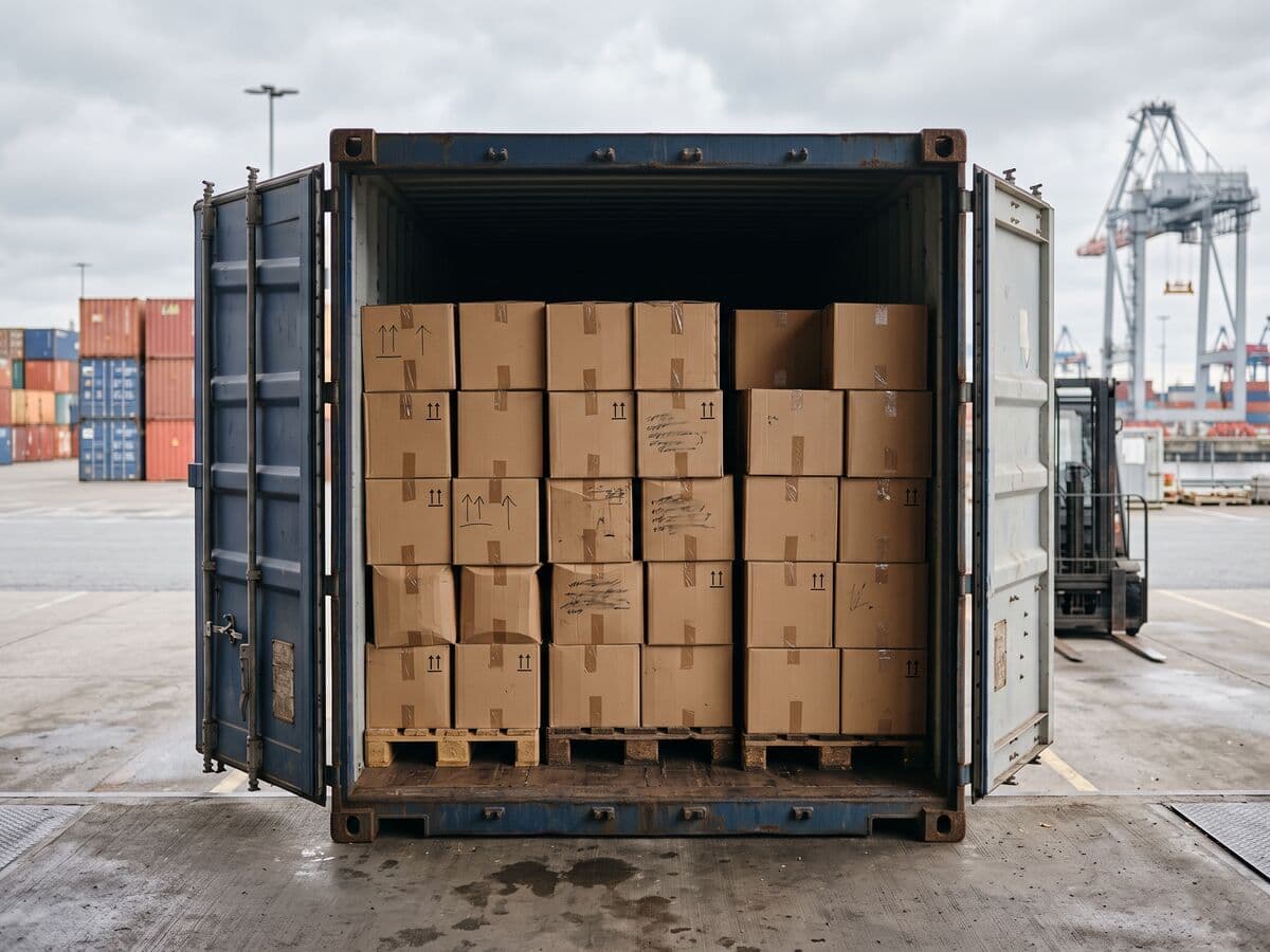 Sealed export cartons stacked on pallets inside an open shipping container at a container port.