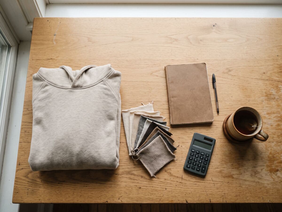 A folded oatmeal hoodie, knit fabric swatches, a calculator, a notebook and a cup of tea on an oak desk.