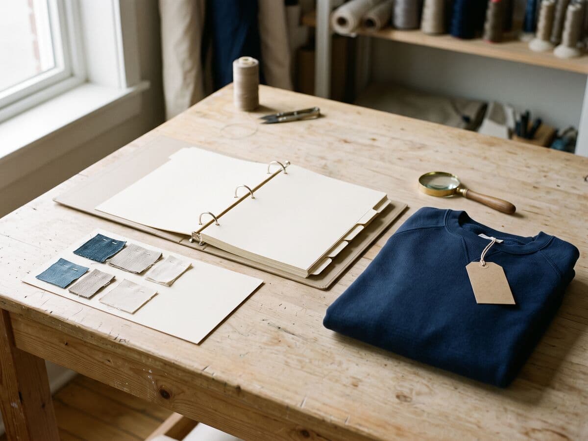 A ring binder for a product technical file, fabric test swatches on card, a magnifying glass and a navy sweatshirt with a hang tag on a work table.