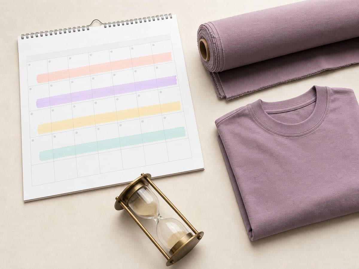 A wall calendar with weeks highlighted, beside a fabric bolt, folded T-shirt, and hourglass.