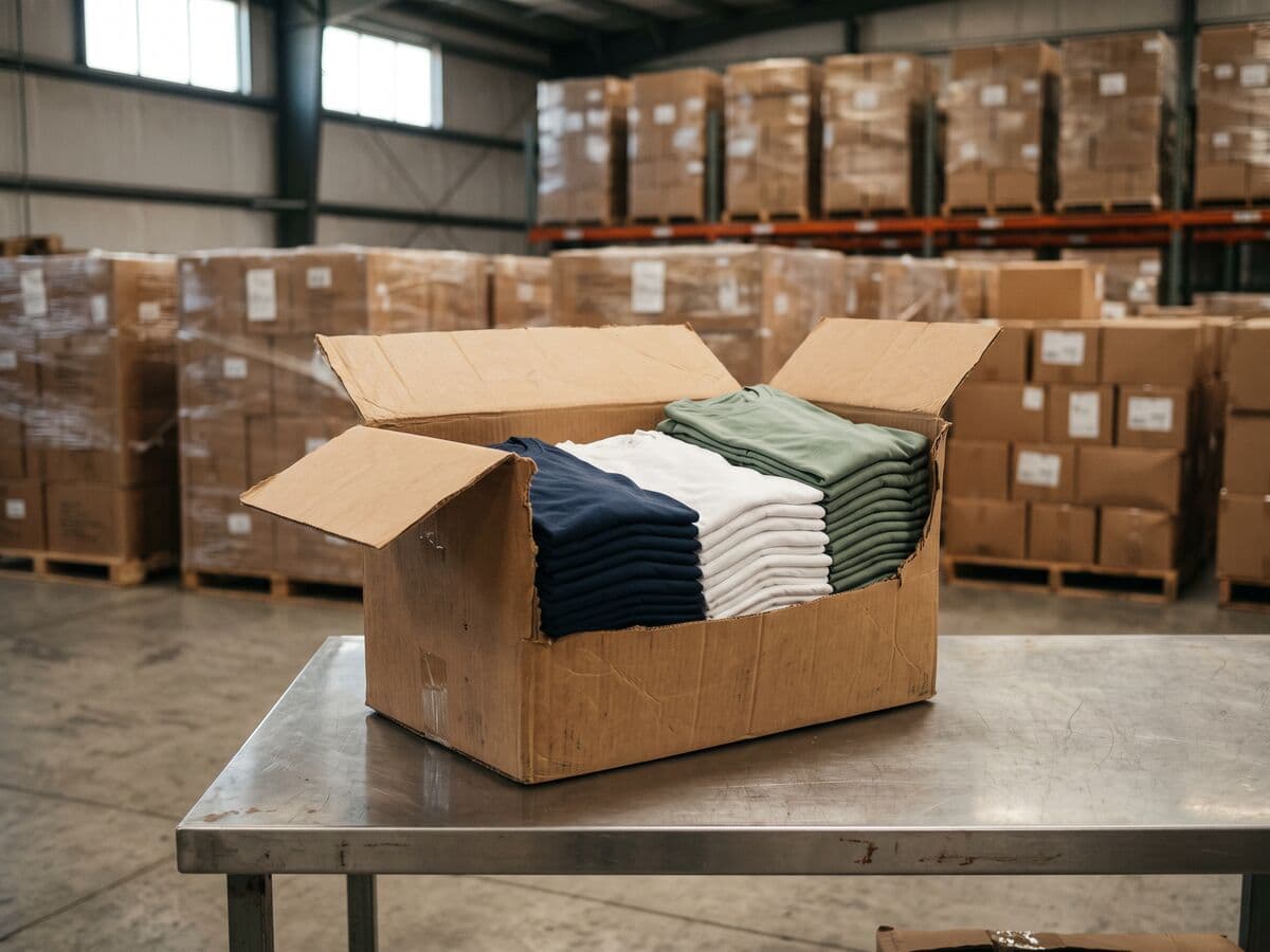 An opened export carton of folded navy, white and sage cotton t-shirts on a steel inspection table in an import warehouse.