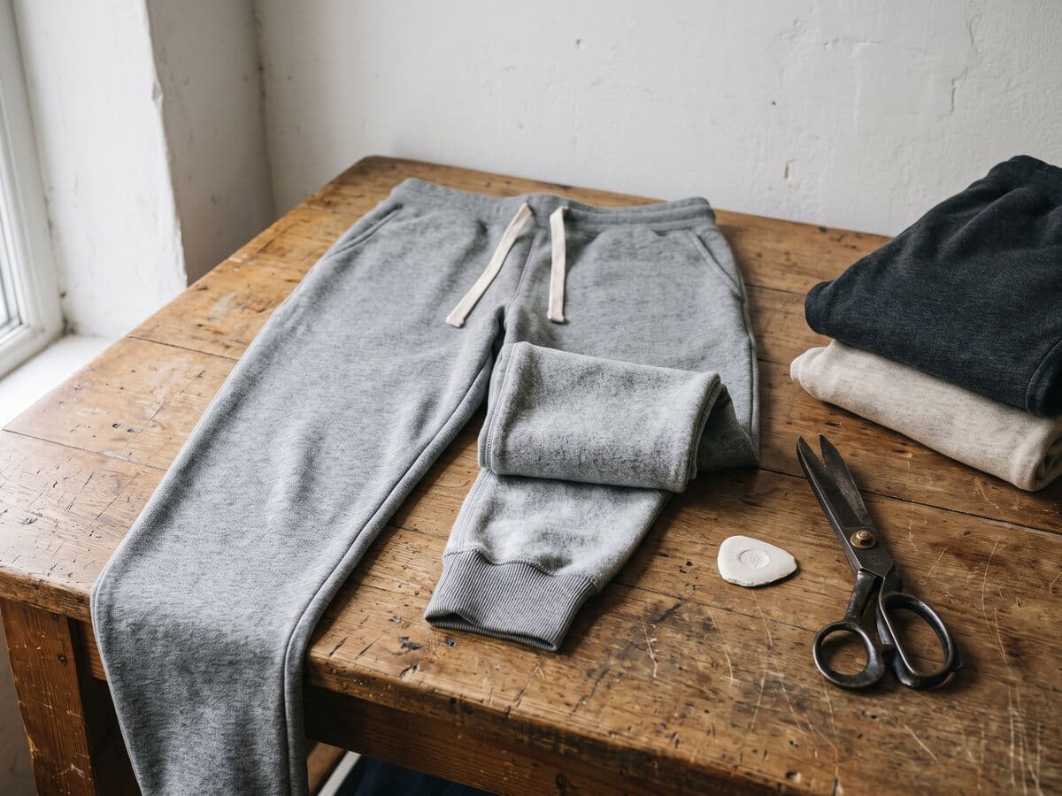Heather-grey fleece joggers on a wooden cutting table, one leg folded back to show the brushed fleece inside, with rib cuffs, a drawcord, tailor's shears and chalk.