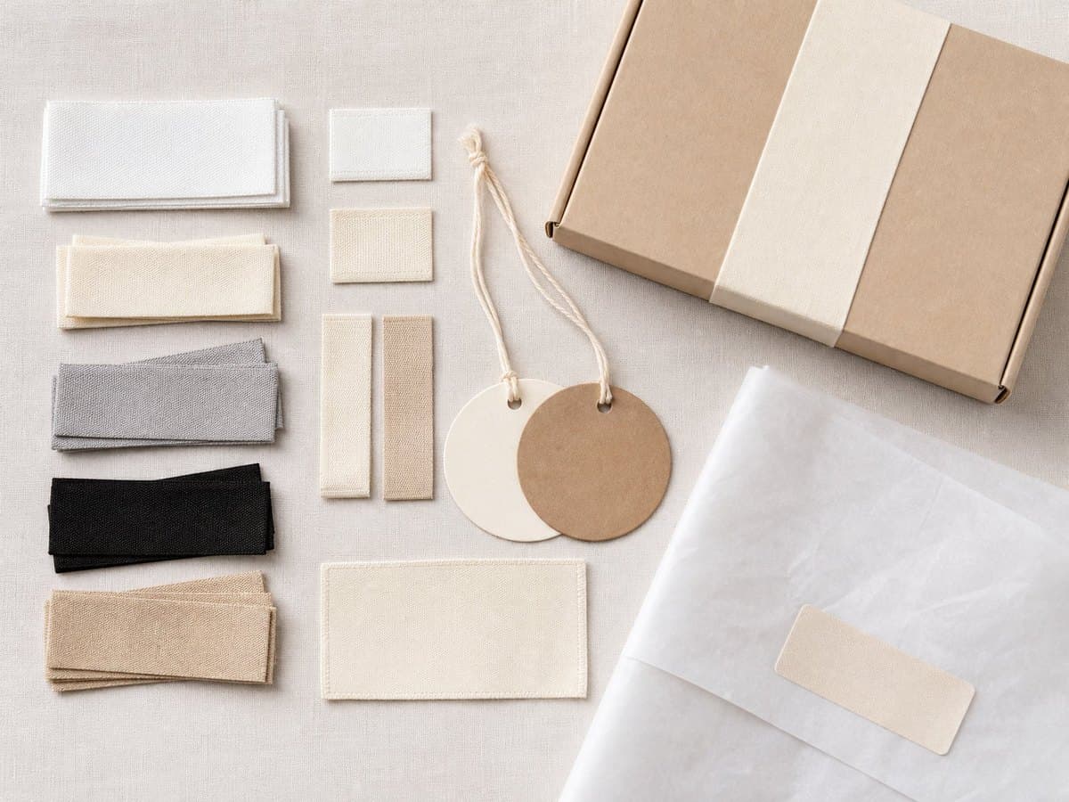 An assortment of blank woven labels, hang tags, tissue paper, and a branded box.