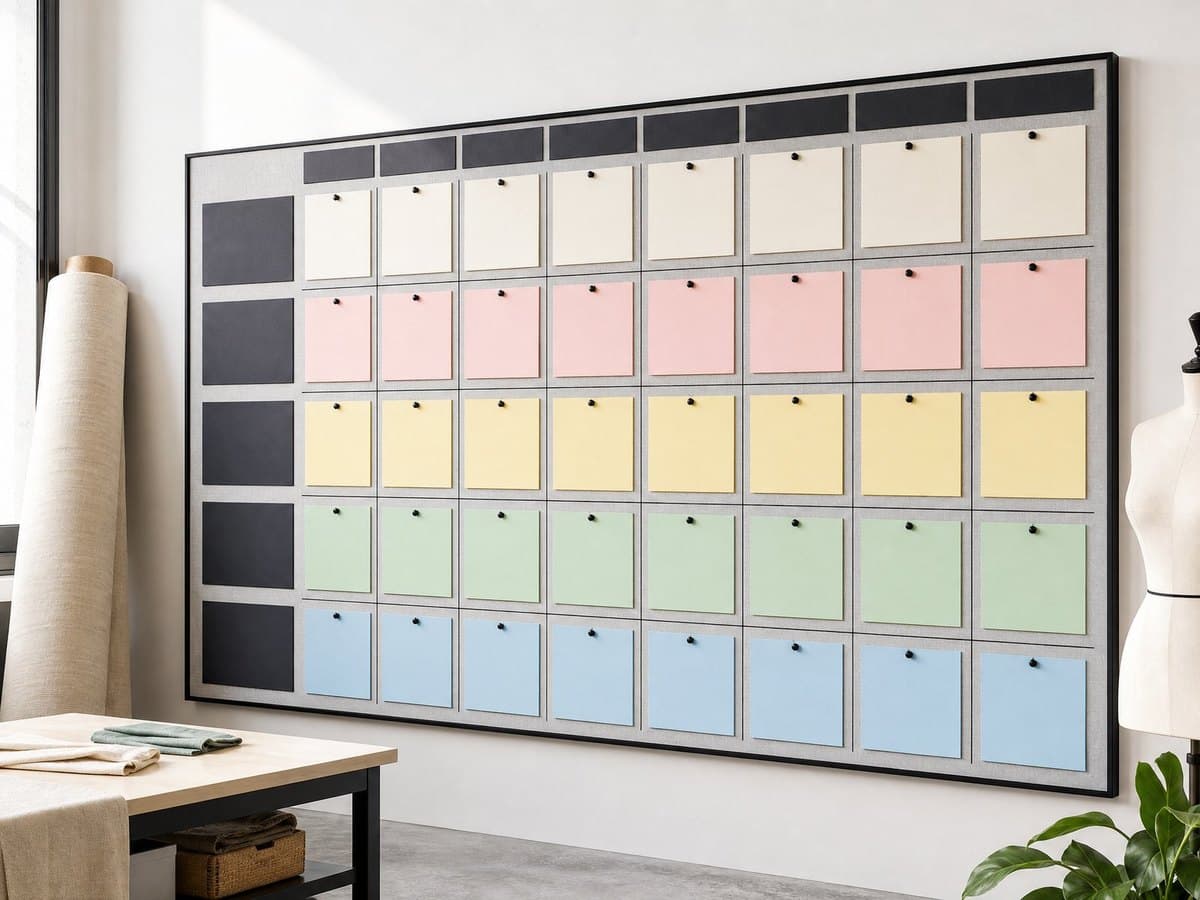 A wall-mounted production planning board with rows of blank colored cards, beside a fabric roll.