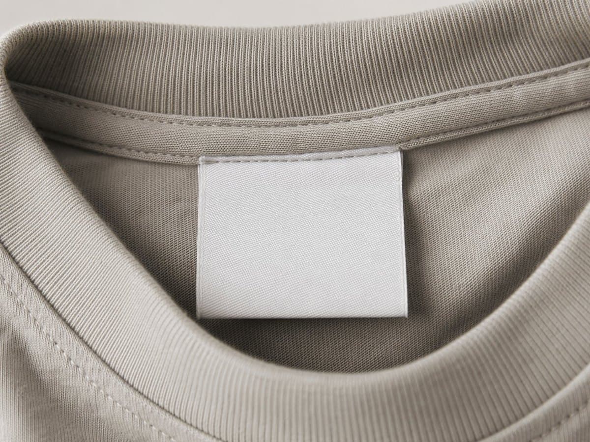 A close-up of a blank white woven neck label sewn into a folded T-shirt collar.