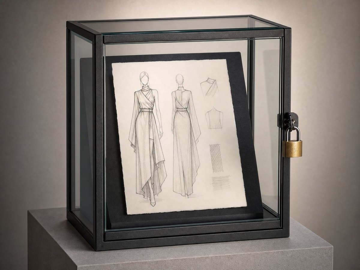 A garment design sketch locked inside a glass display case with a padlock.