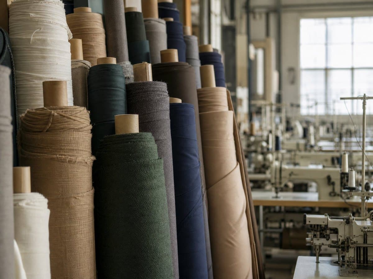 Rows of rolled fabric bolts in a warehouse, with sewing machines visible in the background.