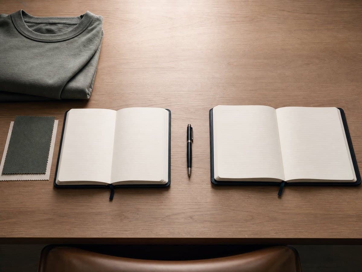 Two open notebooks facing each other across a desk with a pen between them.