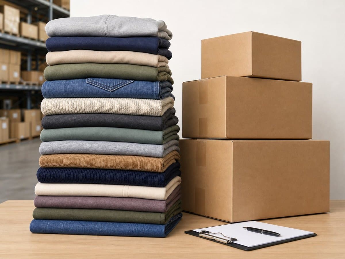 A tall stack of folded garments beside cardboard shipping boxes and a clipboard.