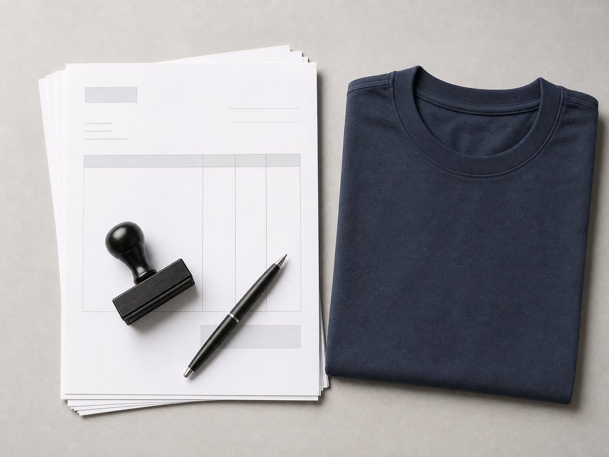 A stack of blank invoice documents with a rubber stamp and pen, beside a folded T-shirt.