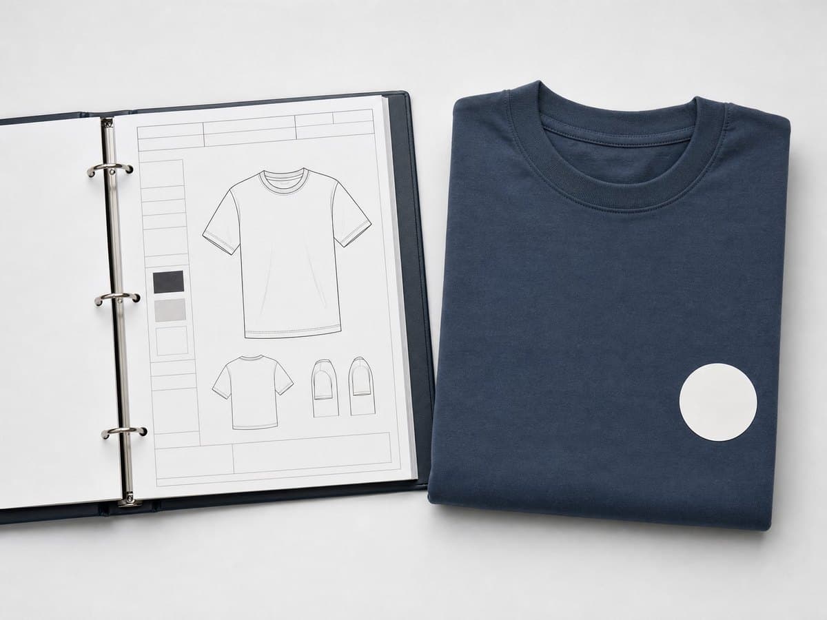 An open tech pack binder with a garment sketch beside a folded sample T-shirt with a blank approval sticker.