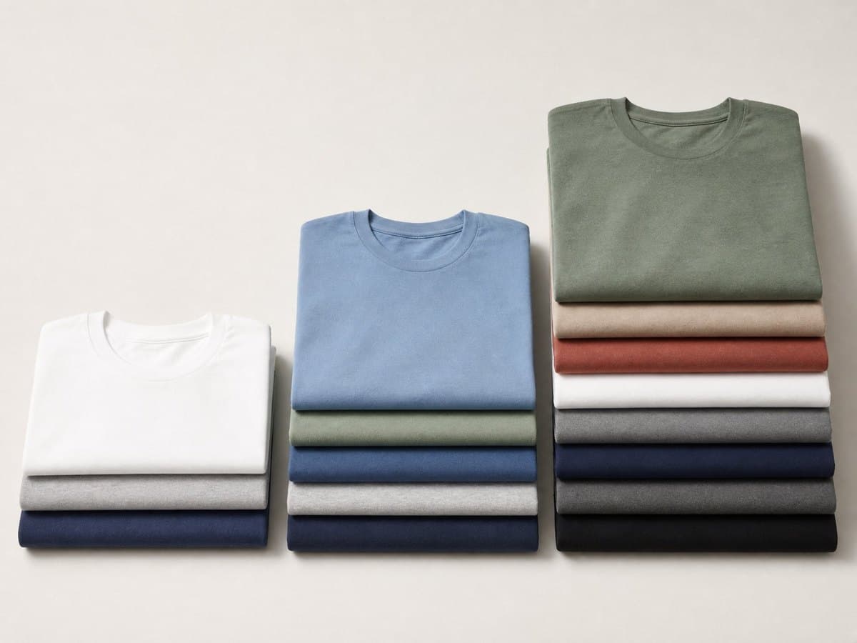 Three tiered stacks of folded T-shirts of increasing height, illustrating volume price breaks.