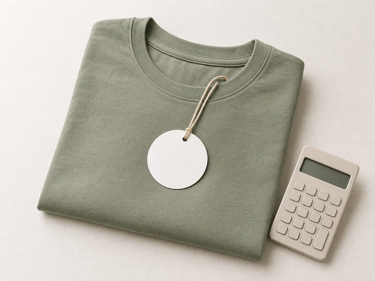 A blank price tag hanging from a folded T-shirt beside a calculator.