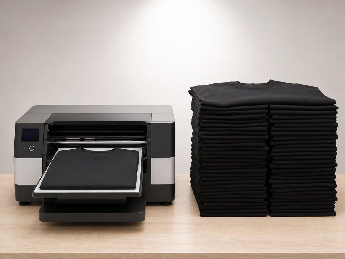 A single T-shirt on a small desktop printer beside a large stack of bulk-folded T-shirts.