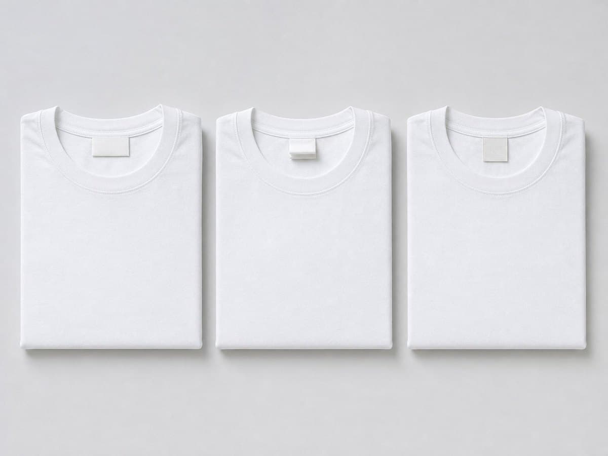 Three identical folded white T-shirts, each with a different style of neck label, for comparison.