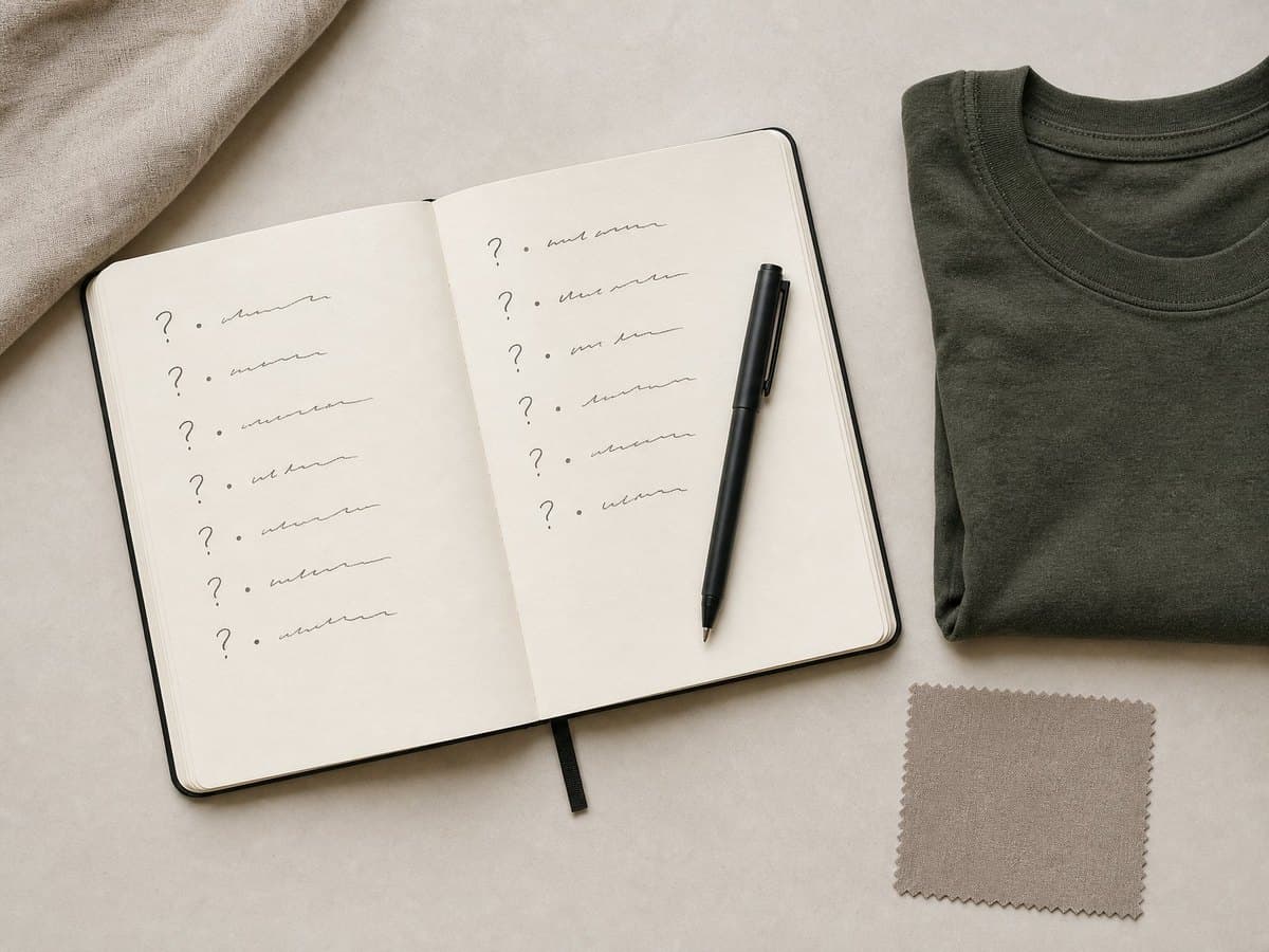 An open notebook with a handwritten checklist of questions, a pen, and a fabric swatch.