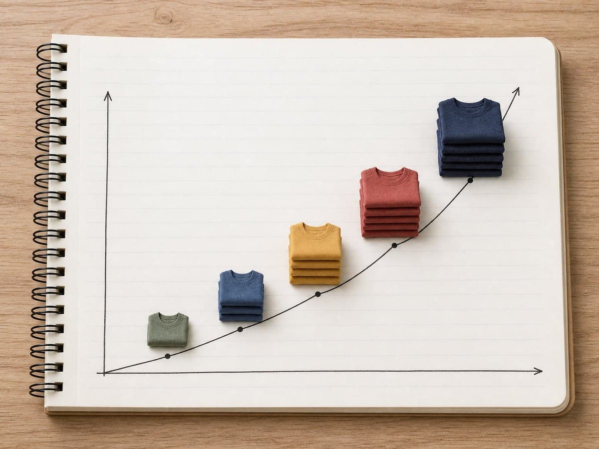 A notebook page with a hand-drawn upward trend line, with folded T-shirt stacks of increasing size marking each point.