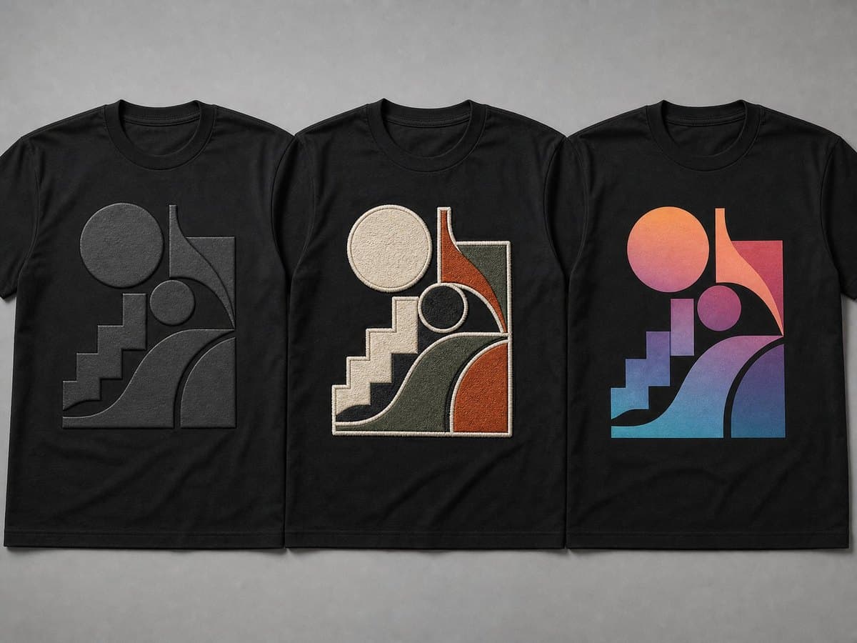 The same graphic shown on three T-shirts using screen print, embroidery, and DTG print for comparison.