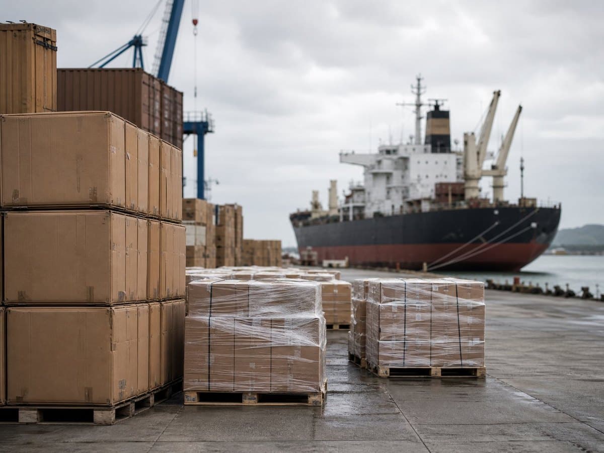 Stacked cargo boxes on a shipping dock with a cargo ship docked in the background.