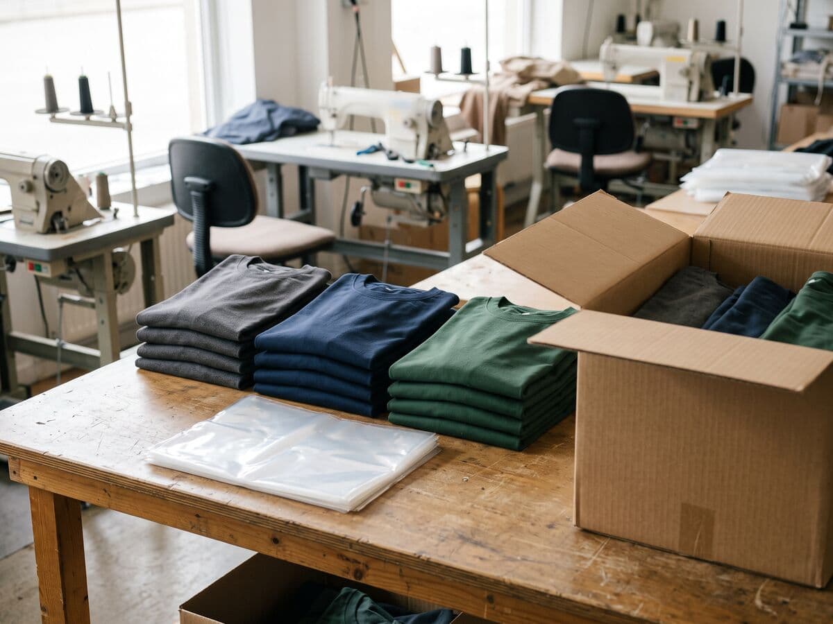 Folded T-shirts in charcoal, navy and green on a packing table beside polybags and an open carton, with sewing machines behind.